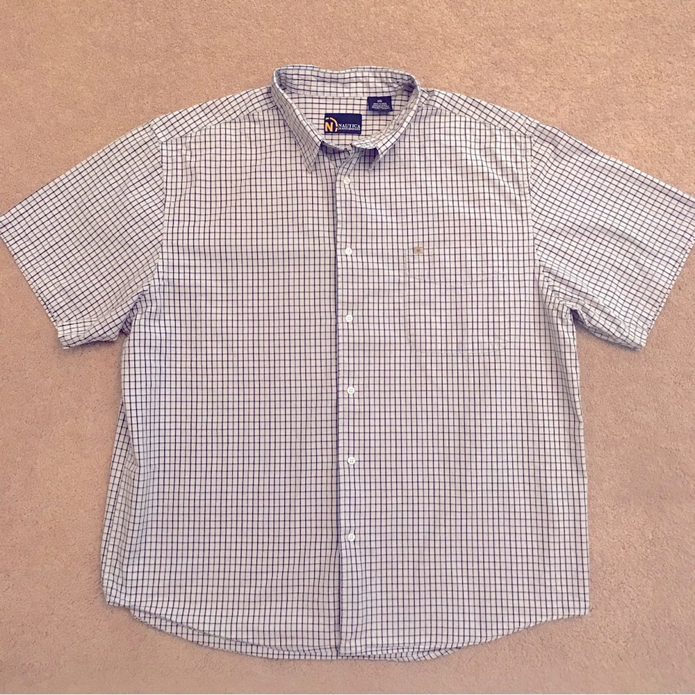 Nautica Mens Short Sleeve Camp Shirt Size XXL Blue Yellow Checker Stripe Cotton